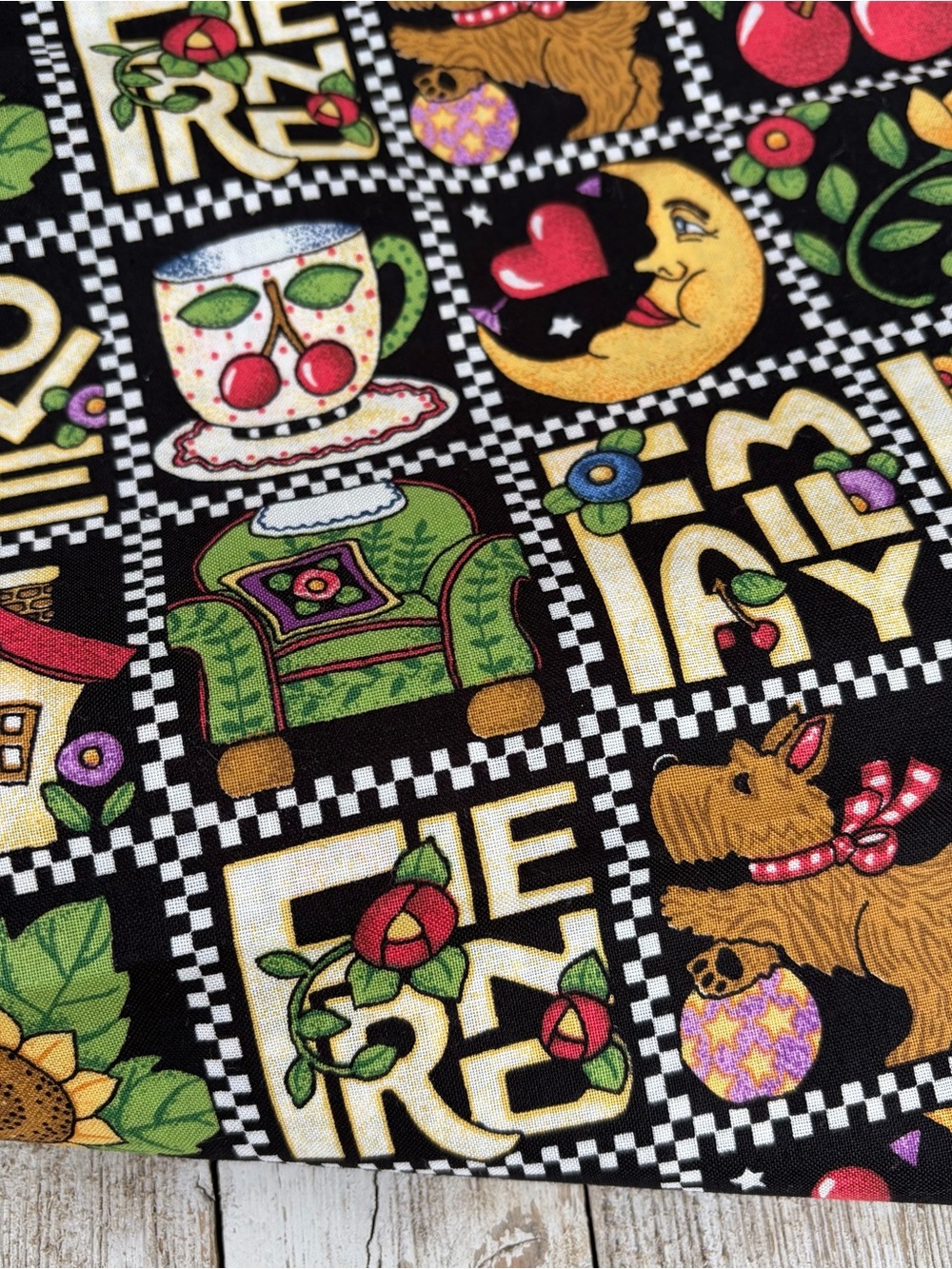 Vintage Mary Engelbreit Fabric Cotton Multicolor Scottie Dog Cherry Flowers 2Yrd